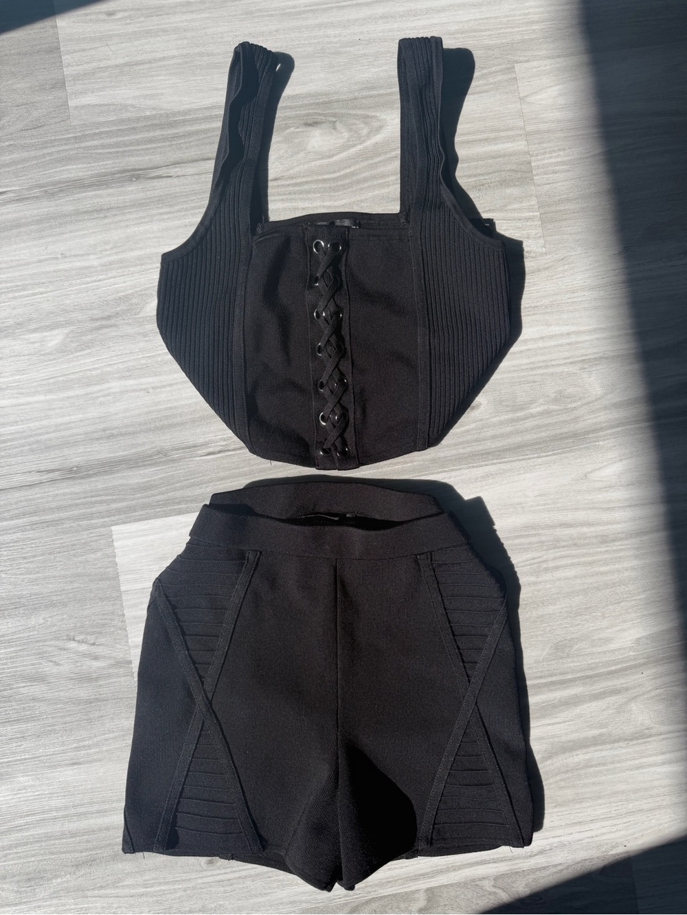 Guess Black Ribbed Lace-Up Crop Top and High-Waist Shorts Set